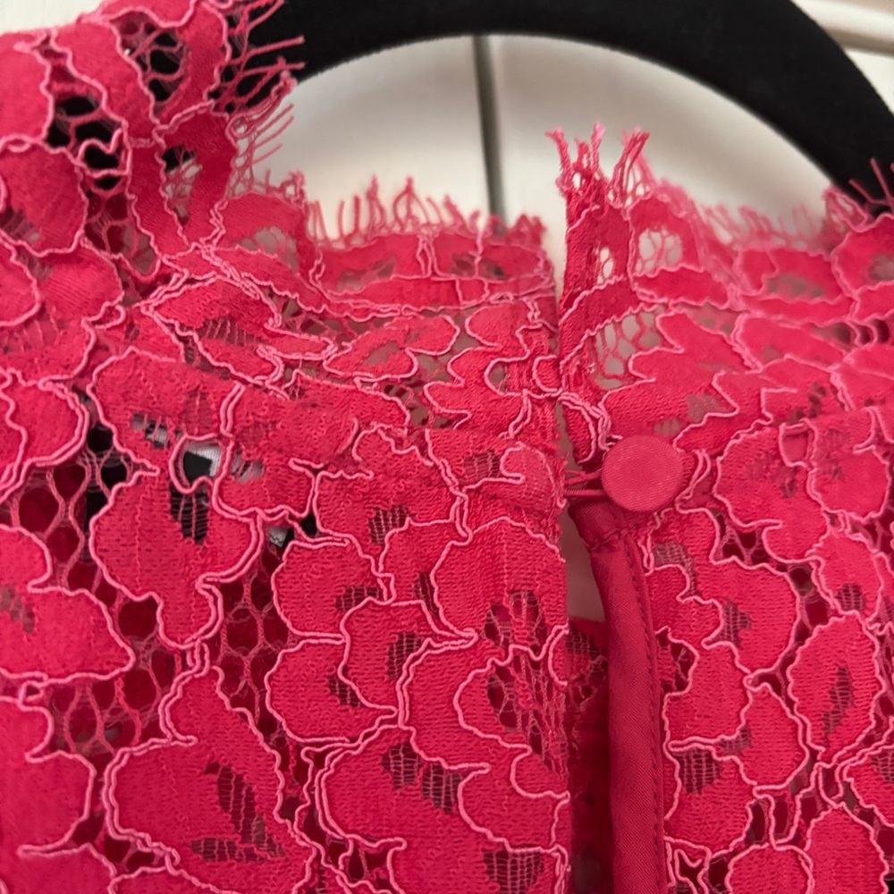 J. Crew Scalloped Lace Mockneck Top Vibrant Pink Lace Blouse Size 14‎ Sheer Glam - Picture 11 of 12